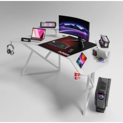 Γραφείο Gaming με υφή ανθρακονήματος, μεταλλικό σκελετό, θήκη ποτηριού και κρεμάστρα για ακουστικά Λευκό 180x70x74cm D2204-WHITE