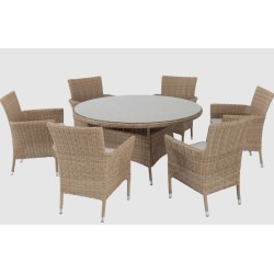 Σετ τραπεζαρία κήπου Costa Rica Naterial μπεζ με στρογγυλό τραπέζι Φ140 και 6 πολυθρόνες