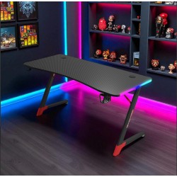 Γραφείο Gaming με φωτισμό RGB, υφή ανθρακονήματος και μεταλλικό σκελετό Ροζ - Λευκό 120x60x74cm D2209-PINK