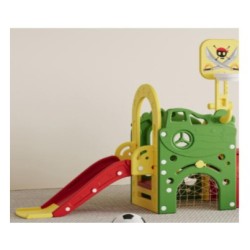 Πλαστική παιδική χαρά σπιτάκι με τσουλήθρα μπασκέτα πάνελ παιχνιδιού κρίκους ποδόσφαιρο και τραπέζι