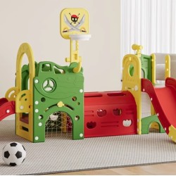 Πλαστική παιδική χαρά σπιτάκι με τσουλήθρα μπασκέτα πάνελ παιχνιδιού κρίκους ποδόσφαιρο τηλεσκόπιο και τραπέζι