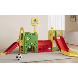 Πλαστική παιδική χαρά σπιτάκι με τσουλήθρα μπασκέτα πάνελ παιχνιδιού κρίκους ποδόσφαιρο τηλεσκόπιο και τραπέζι