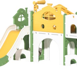 Πλαστική παιδική χαρά με τσουλήθρα μπασκέτα αποθηκευτικό χώρο τούνελ και τηλεσκόπιο σε πράσινο κίτρινο λευκό