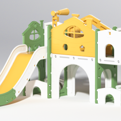 Πλαστική παιδική χαρά με τσουλήθρα μπασκέτα αποθηκευτικό χώρο τούνελ και τηλεσκόπιο σε πράσινο κίτρινο λευκό
