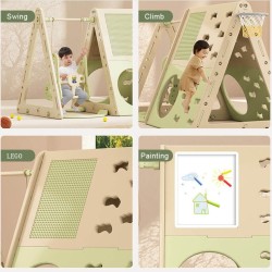 Πλαστική παιδική χαρά κούνια με αναρρήχηση σπιτάκι πίνακα ζωγραφικής τραπέζι με τουβλάκια μπασκέτα και μουσική