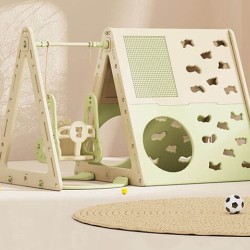 Πλαστική παιδική χαρά κούνια με αναρρήχηση σπιτάκι πίνακα ζωγραφικής τραπέζι με τουβλάκια μπασκέτα και μουσική