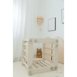 Πολυμορφικό τραπέζι σκάλα αναρρίχησης με πίνακα ζωγραφικής και πάνελ για τουβλάκια σε λευκό πορτοκαλί