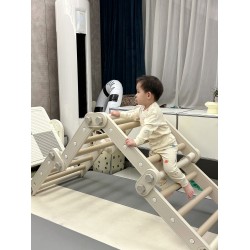 Πολυμορφικό τραπέζι σκάλα αναρρίχησης με πίνακα ζωγραφικής και πάνελ για τουβλάκια σε λευκό πορτοκαλί