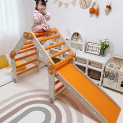 Ρυθμιζόμενη σκάλα αναρρίχησης με τσουλήθρα και τοίχο αναρρίχησης 4 τεμαχίων που διαμορφώνεται σε διάφορα σχήματα σε λευκό πορτοκαλί