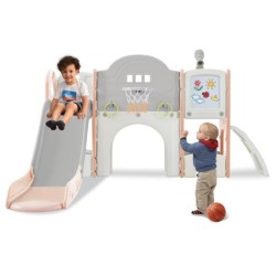 Πλαστική παιδική χαρά Διάστημα με τσουλήθρα μπασκέτα τηλεσκόπιο κρίκους πίνακα ζωγραφικής σε ροζ