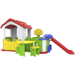 Πλαστικό παιδικό Σπιτάκι ToyMonarch με Κήπου, Τσουλήθρα, Μπασκέτα και τραπεζάκι με καρέκλες Πράσινο
