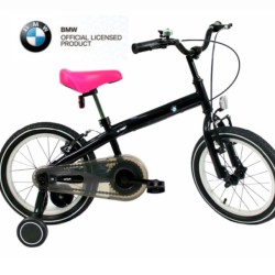 Παιδικό ποδήλατο Licensed BMW 14 ίντσες με μεταλλικό σκελετό και βοηθητικές ρόδες σε μαύρο χρώμα με ροζ σέλα