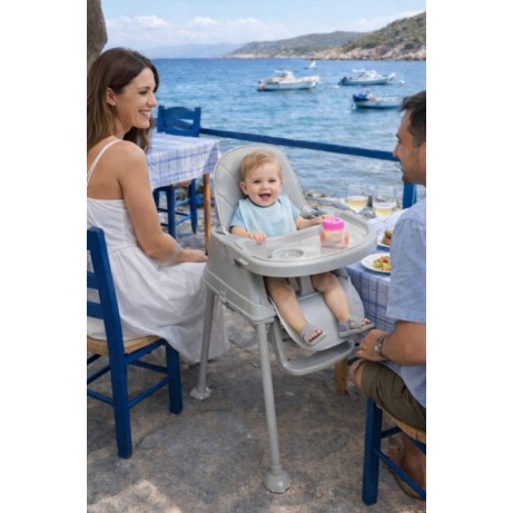 Καρεκλάκι φαγητού Moon 3 σε 1 με μεταλλικό σκελετό και πλαστικό κάθισμα με δερματίνη απο 6 μηνών έως 15 κιλά σε ανοιχτό γκρι χρώμα