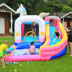 Φουσκωτό Τραμπολίνο Μονόκερος με νεροτσουλήθρα μπασκέτα πισίνα και αναρρίχηση