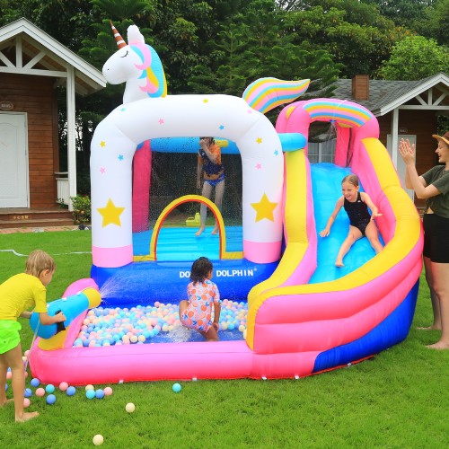 Φουσκωτό Τραμπολίνο Μονόκερος με νεροτσουλήθρα μπασκέτα πισίνα και αναρρίχηση