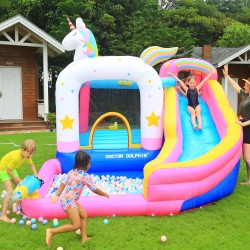 Φουσκωτό Τραμπολίνο Μονόκερος με νεροτσουλήθρα μπασκέτα πισίνα και αναρρίχηση