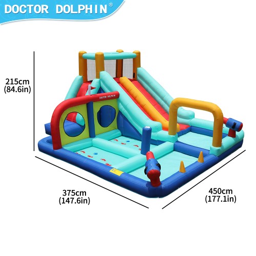 Doctor Dolphin Φουσκωτό Τραμπολίνο με διπλή τσουλήθρα αναρρίχηση νεροπίστολα στεφάνια και κρίκους