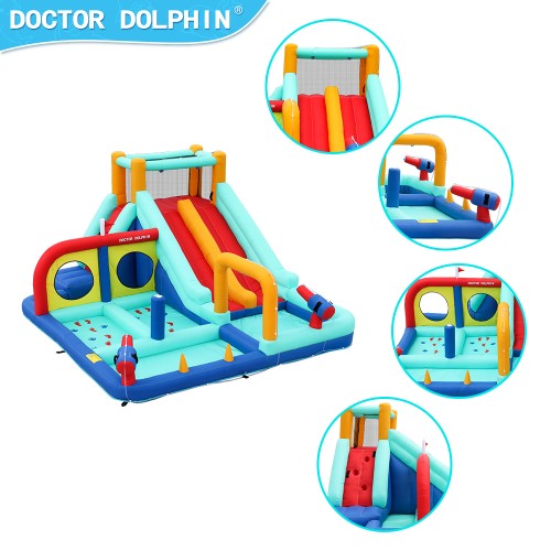 Doctor Dolphin Φουσκωτό Τραμπολίνο με διπλή τσουλήθρα αναρρίχηση νεροπίστολα στεφάνια και κρίκους
