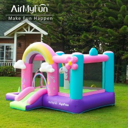AirMyFun Φουσκωτό Τραμπολίνο Μονόκερος Ουράνιο τόξο με τσουλήθρα κρίκους και μπαλοπισίνα