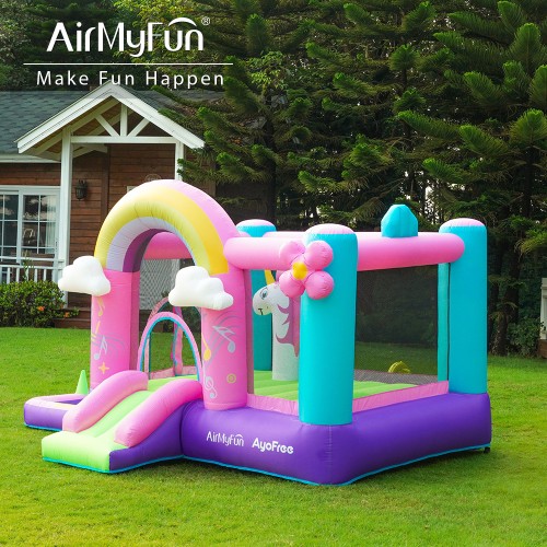 AirMyFun Φουσκωτό Τραμπολίνο Μονόκερος Ουράνιο τόξο με τσουλήθρα κρίκους και μπαλοπισίνα
