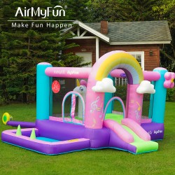 AirMyFun Φουσκωτό Τραμπολίνο Μονόκερος Ουράνιο τόξο με τσουλήθρα κρίκους και μπαλοπισίνα