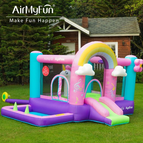 AirMyFun Φουσκωτό Τραμπολίνο Μονόκερος Ουράνιο τόξο με τσουλήθρα κρίκους και μπαλοπισίνα