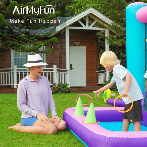AirMyFun Φουσκωτό Τραμπολίνο Μονόκερος Ουράνιο τόξο με τσουλήθρα κρίκους και μπαλοπισίνα