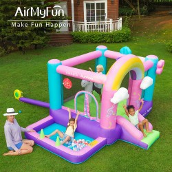 AirMyFun Φουσκωτό Τραμπολίνο Μονόκερος Ουράνιο τόξο με τσουλήθρα κρίκους και μπαλοπισίνα