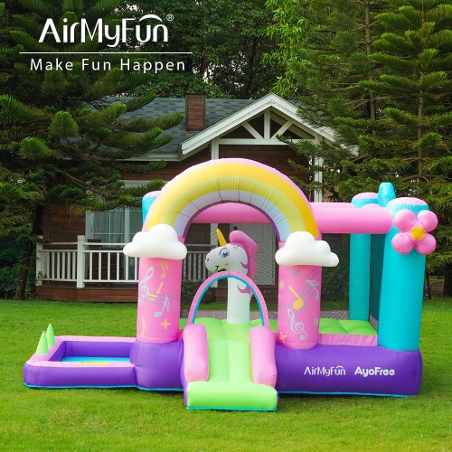 AirMyFun Φουσκωτό Τραμπολίνο Μονόκερος Ουράνιο τόξο με τσουλήθρα κρίκους και μπαλοπισίνα