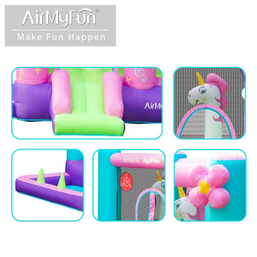 AirMyFun Φουσκωτό Τραμπολίνο Μονόκερος Ουράνιο τόξο με τσουλήθρα κρίκους και μπαλοπισίνα