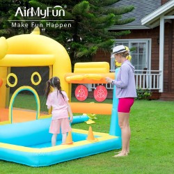 AirMyFun Φουσκωτό Τραμπολίνο Παπάκι με μεγάλη τσουλήθρα δύο μπασκέτες δύο στόχους και κρίκους