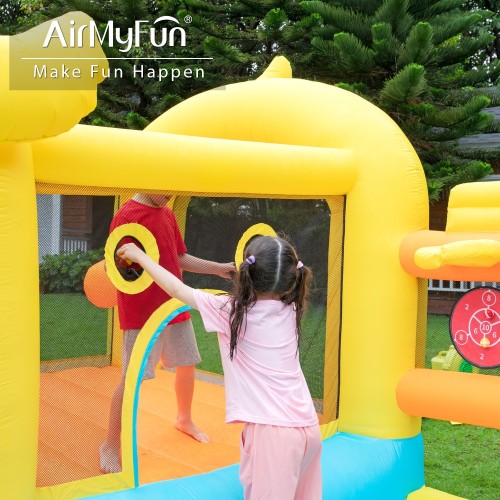 AirMyFun Φουσκωτό Τραμπολίνο Παπάκι με μεγάλη τσουλήθρα δύο μπασκέτες δύο στόχους και κρίκους