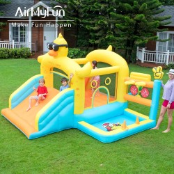 AirMyFun Φουσκωτό Τραμπολίνο Παπάκι με μεγάλη τσουλήθρα δύο μπασκέτες δύο στόχους και κρίκους