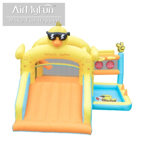 AirMyFun Φουσκωτό Τραμπολίνο Παπάκι με μεγάλη τσουλήθρα δύο μπασκέτες δύο στόχους και κρίκους