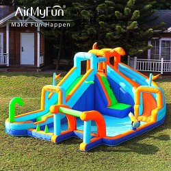 AirMyFun Φουσκωτό Τραμπολίνο με δύο νεροτσουλήθρες αναρρ΄΄ιχηση πισίνα νεροπίστολο τέρμα και μπασκέτα