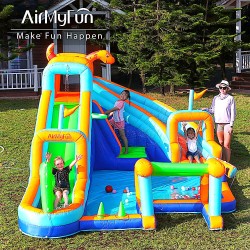 AirMyFun Φουσκωτό Τραμπολίνο με δύο νεροτσουλήθρες αναρρ΄΄ιχηση πισίνα νεροπίστολο τέρμα και μπασκέτα