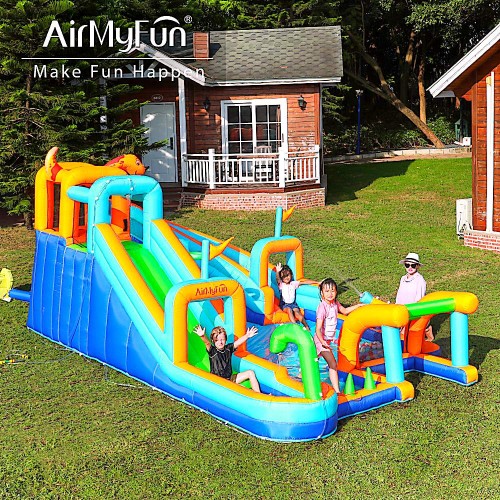 AirMyFun Φουσκωτό Τραμπολίνο με δύο νεροτσουλήθρες αναρρ΄΄ιχηση πισίνα νεροπίστολο τέρμα και μπασκέτα