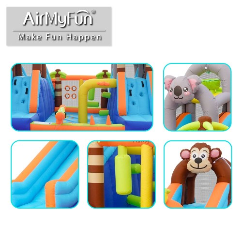 AirMyFun Φουσκωτό Τραμπολίνο Ζούγκλα με δύο τσουλήθρες με ύφασμα ολίσθησης  νεροπίστολο κρίκους εμπόδια σάκο του μποξ αναρρίχηση και μπασκέτα