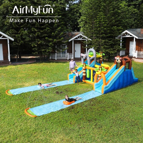 AirMyFun Φουσκωτό Τραμπολίνο Ζούγκλα με δύο τσουλήθρες με ύφασμα ολίσθησης  νεροπίστολο κρίκους εμπόδια σάκο του μποξ αναρρίχηση και μπασκέτα