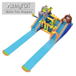 AirMyFun Φουσκωτό Τραμπολίνο Ζούγκλα με δύο τσουλήθρες με ύφασμα ολίσθησης  νεροπίστολο κρίκους εμπόδια σάκο του μποξ αναρρίχηση και μπασκέτα