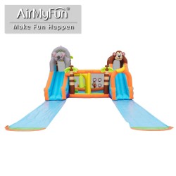 AirMyFun Φουσκωτό Τραμπολίνο Ζούγκλα με δύο τσουλήθρες με ύφασμα ολίσθησης  νεροπίστολο κρίκους εμπόδια σάκο του μποξ αναρρίχηση και μπασκέτα