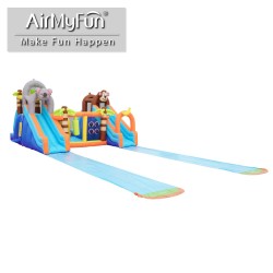 AirMyFun Φουσκωτό Τραμπολίνο Ζούγκλα με δύο τσουλήθρες με ύφασμα ολίσθησης  νεροπίστολο κρίκους εμπόδια σάκο του μποξ αναρρίχηση και μπασκέτα