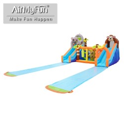 AirMyFun Φουσκωτό Τραμπολίνο Ζούγκλα με δύο τσουλήθρες με ύφασμα ολίσθησης  νεροπίστολο κρίκους εμπόδια σάκο του μποξ αναρρίχηση και μπασκέτα