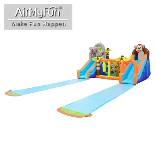 AirMyFun Φουσκωτό Τραμπολίνο Ζούγκλα με δύο τσουλήθρες με ύφασμα ολίσθησης  νεροπίστολο κρίκους εμπόδια σάκο του μποξ αναρρίχηση και μπασκέτα