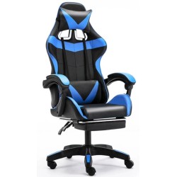 Καρέκλα γραφείου Gaming Δερματίνης με ανάκληση και υποπόδιο σε μαύρο με σκούρο μπλε 116-126x62x62cm