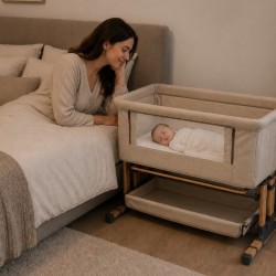 Λίκνο μωρού Lunex ρυθμιζόμενο σε ύψος με κουνουπιέρα αποθηκευτικό χώρο και άνοιγμα στο πλάι σε μπεζ χρώμα