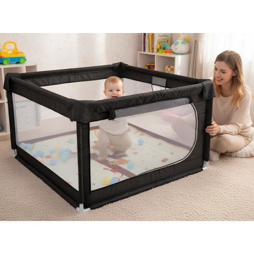 Παιδικό Παρκοκρέβατο Μωρού σε μαύρο χρώμα με διάσταση 120x120cm με χαλάκι και 100 μπαλάκια