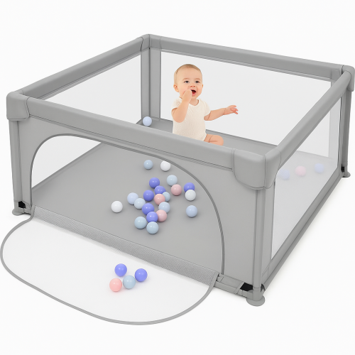 Παιδικό Παρκοκρέβατο Μωρού σε Σκούρο γκρι χρώμα με διάσταση 120x120cm με χαλάκι και 100 μπαλάκια