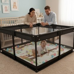 Παιδικό Παρκοκρέβατο Μωρού σε μαύρο χρώμα με διάσταση 150x150cm με χαλάκι και 100 μπαλάκια