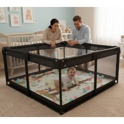 Παιδικό Παρκοκρέβατο Μωρού σε μαύρο χρώμα με διάσταση 150x150cm με χαλάκι και 100 μπαλάκια